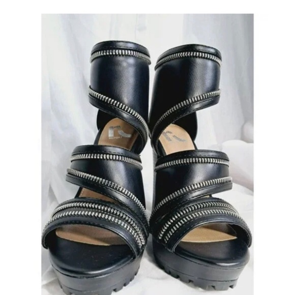 Report Gael Black Zipper Faux Leather Strappy Chunky Platform Heels Size 7.5 - Picture 4 of 4